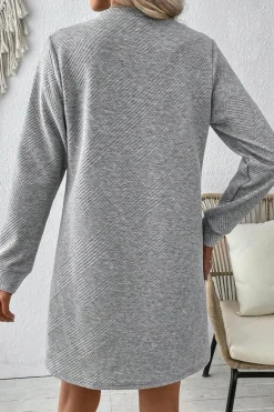 Best Dear-Lover Solid Color Textured Long Sleeve Shift Dress Gray