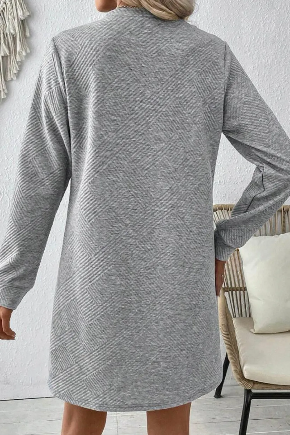 Best Dear-Lover Solid Color Textured Long Sleeve Shift Dress Gray