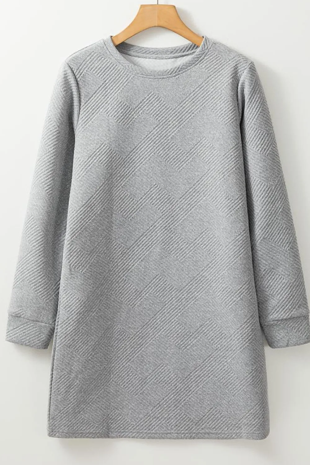 Best Dear-Lover Solid Color Textured Long Sleeve Shift Dress Gray