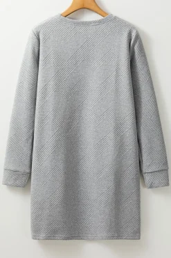 Best Dear-Lover Solid Color Textured Long Sleeve Shift Dress Gray
