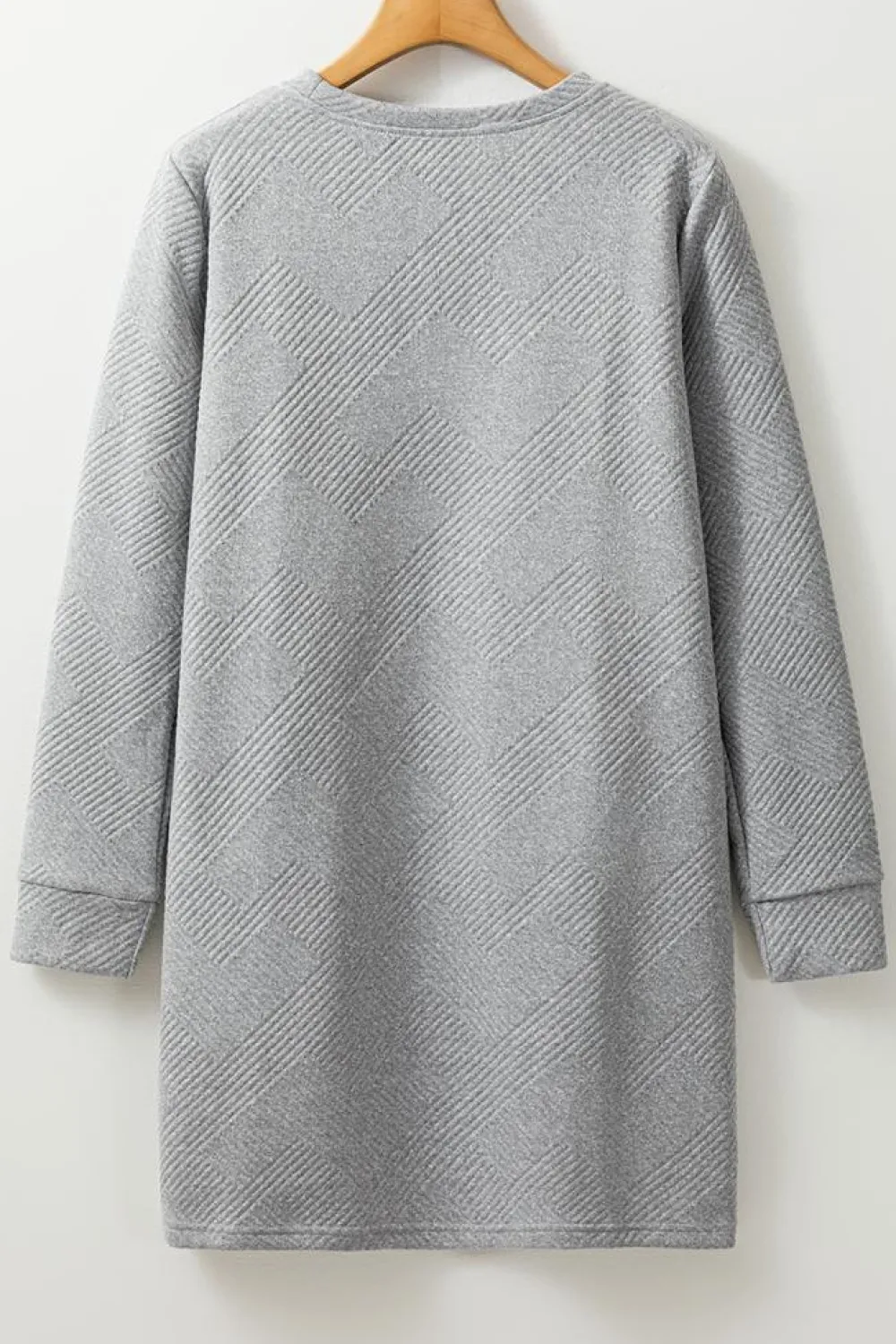 Best Dear-Lover Solid Color Textured Long Sleeve Shift Dress Gray