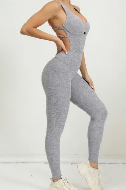Outlet Dear-Lover Solid Criss Cross Backless Active Jumpsuit Gray