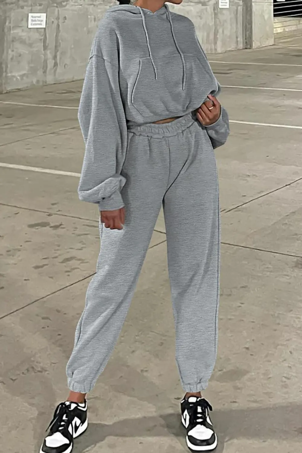 Clearance Dear-Lover Solid Drop Shoulder Hoodie and Joggers Activewear Set Gray