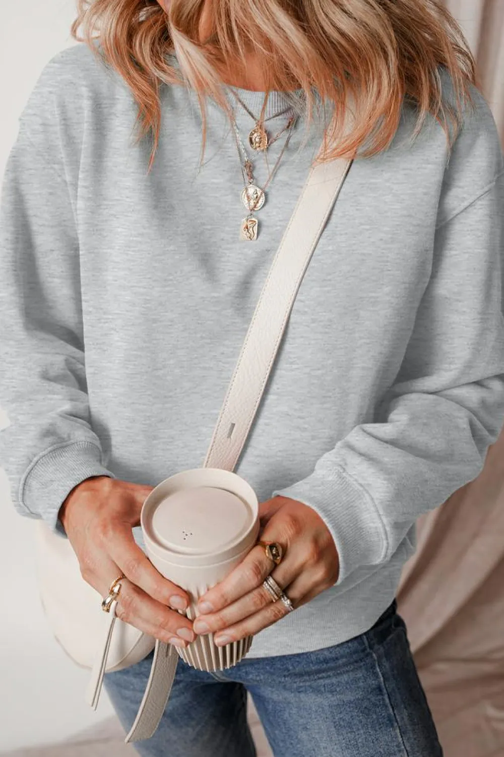 New Dear-Lover Solid Fleece Lined Drop Shoulder Terry Sweatshirt Gray
