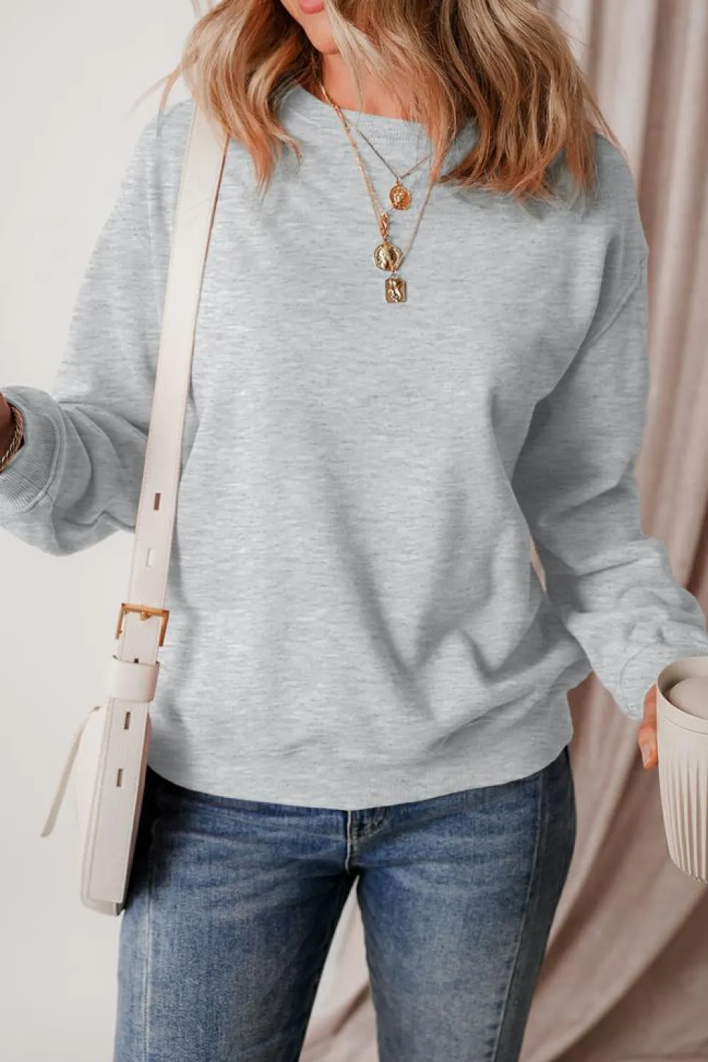 New Dear-Lover Solid Fleece Lined Drop Shoulder Terry Sweatshirt Gray