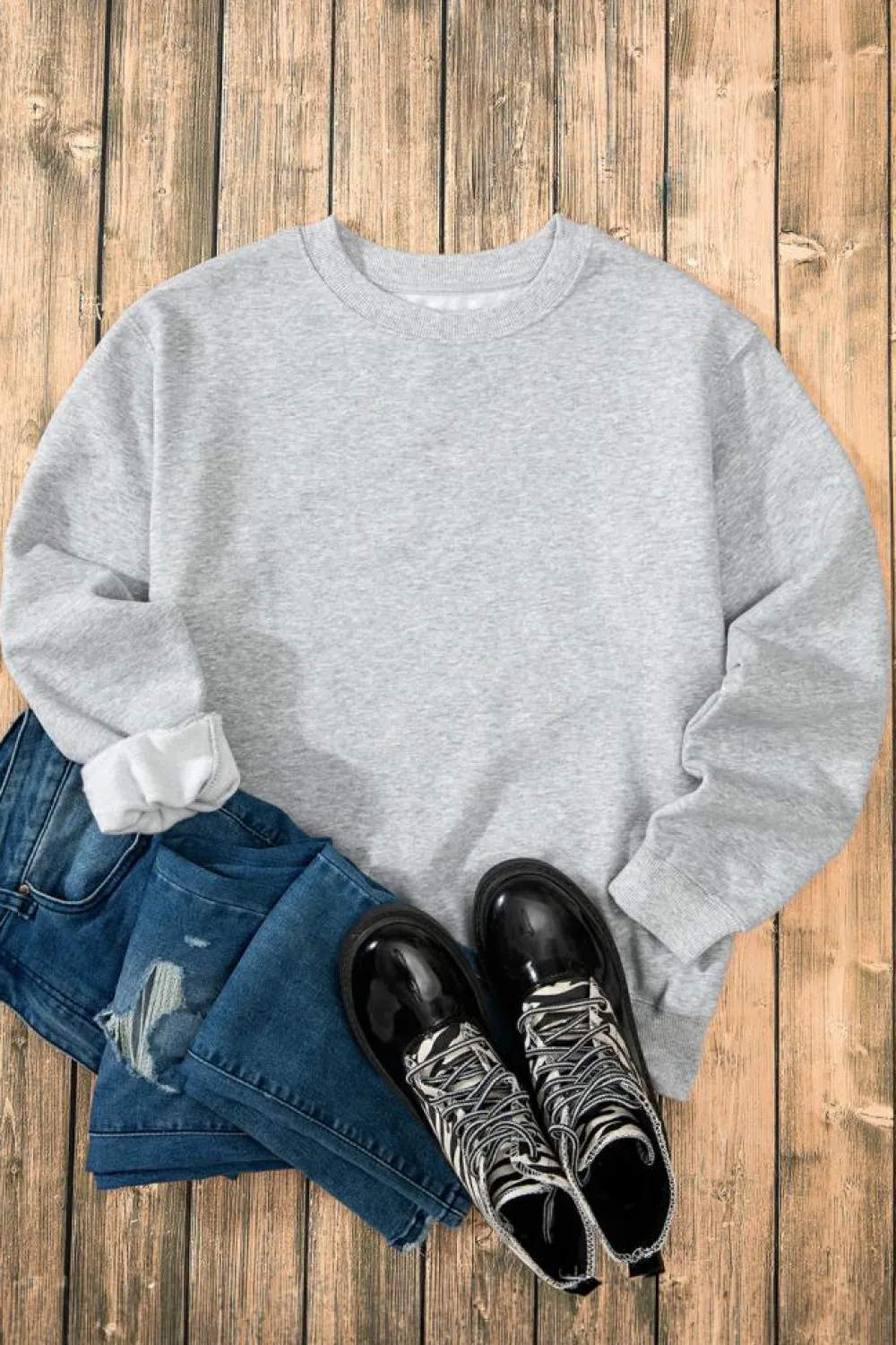 New Dear-Lover Solid Fleece Lined Drop Shoulder Terry Sweatshirt Gray