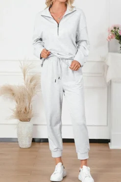 Outlet Dear-Lover Solid Half Zipped Drawstring High Waist Lounge Set Gray