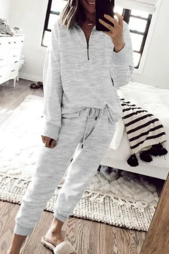 Outlet Dear-Lover Solid Half Zipped Drawstring High Waist Lounge Set Gray