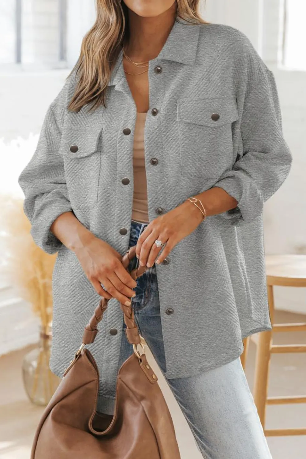 Outlet Dear-Lover Solid Textured Flap Pocket Buttoned Shacket Gray