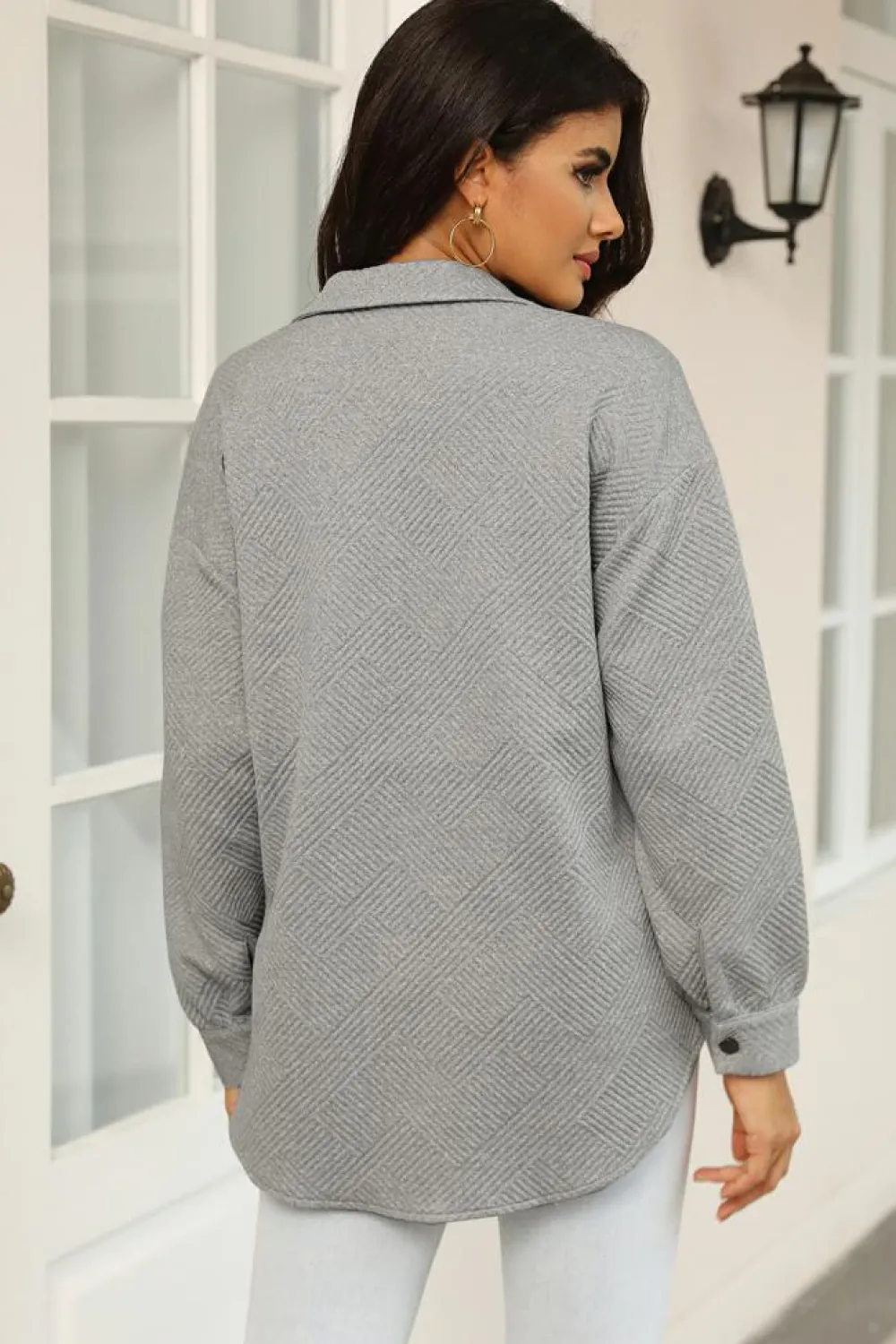 Outlet Dear-Lover Solid Textured Flap Pocket Buttoned Shacket Gray