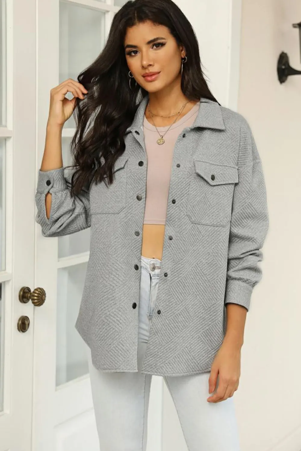 Outlet Dear-Lover Solid Textured Flap Pocket Buttoned Shacket Gray