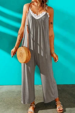 Hot Dear-Lover Spaghetti Straps Wide Leg Pocketed Jumpsuits Gray