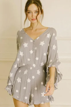 Discount Dear-Lover Star Print Crinkle Textured Kimono Ruffle Sleeve Romper Gray
