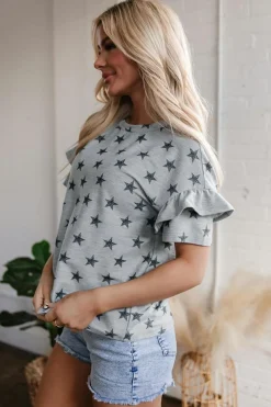 Discount Dear-Lover Star Print Tiered Ruffled Sleeve Crew Neck T Shirt Gray