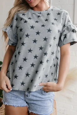 Discount Dear-Lover Star Print Tiered Ruffled Sleeve Crew Neck T Shirt Gray