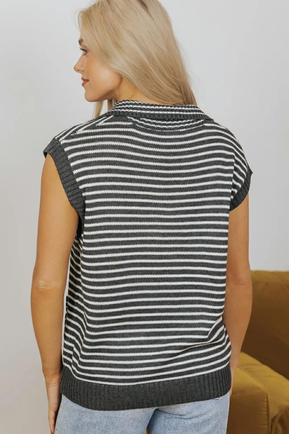 Clearance Dear-Lover Collared V Neck Sweater Vest with Pockets Gray Stripe