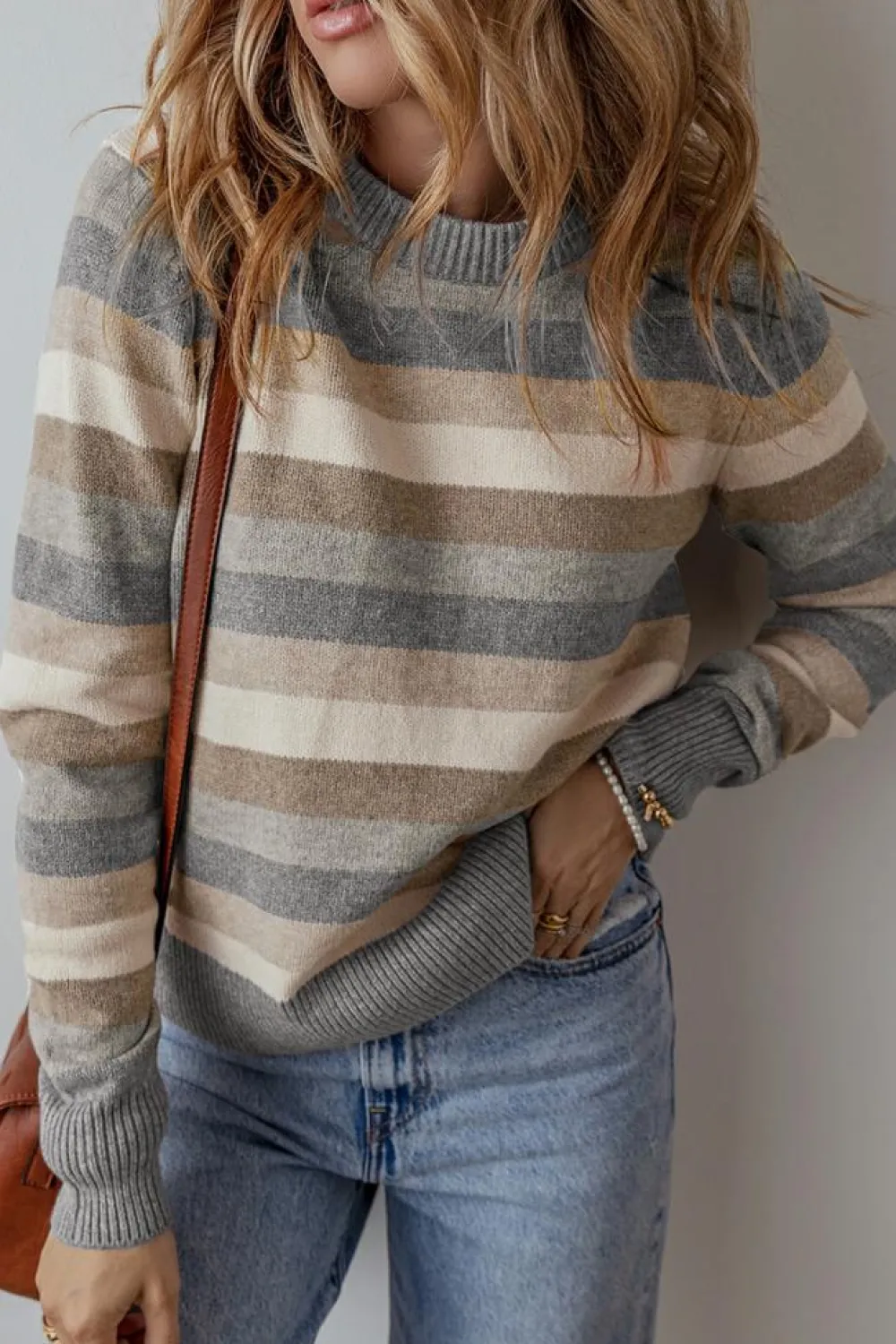 Clearance Dear-Lover Color Block Ribbed Edge Round Neck Sweater Gray Stripe