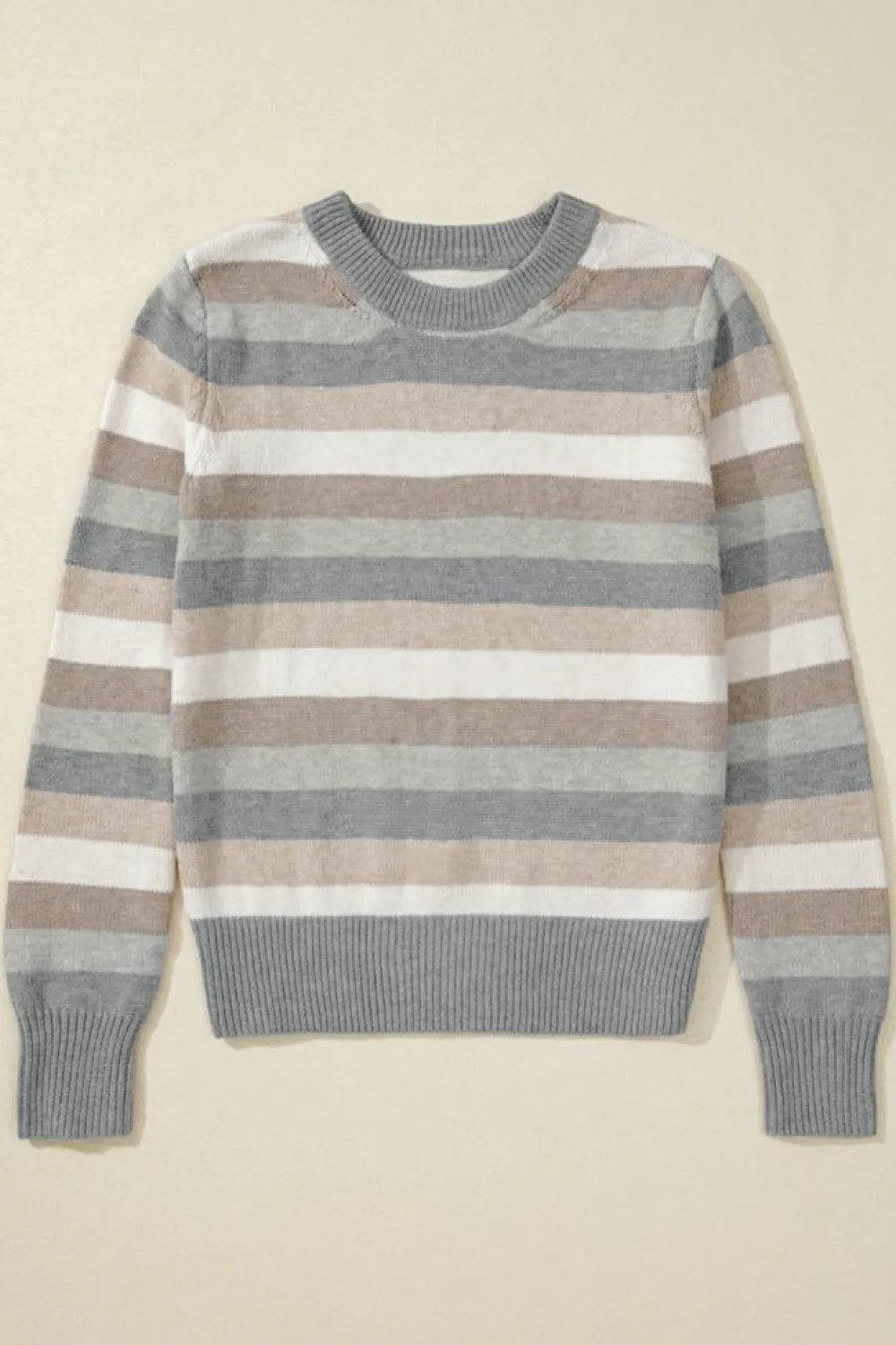 Clearance Dear-Lover Color Block Ribbed Edge Round Neck Sweater Gray Stripe