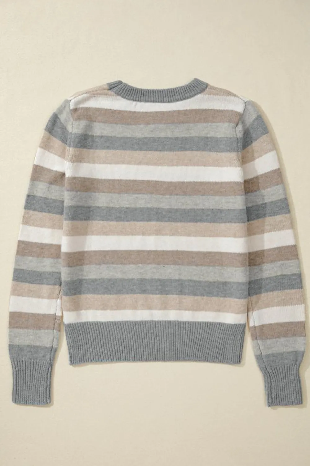 Clearance Dear-Lover Color Block Ribbed Edge Round Neck Sweater Gray Stripe