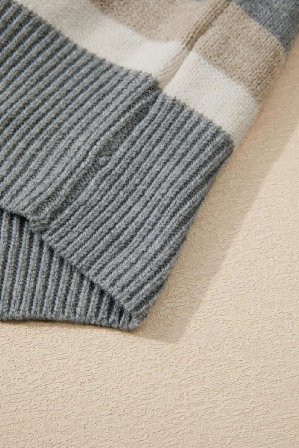 Clearance Dear-Lover Color Block Ribbed Edge Round Neck Sweater Gray Stripe