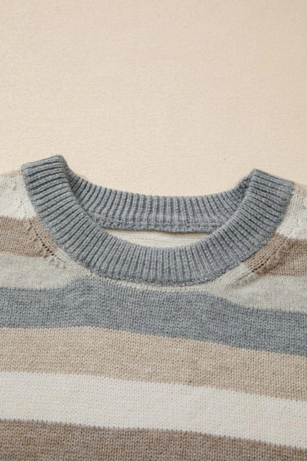 Clearance Dear-Lover Color Block Ribbed Edge Round Neck Sweater Gray Stripe