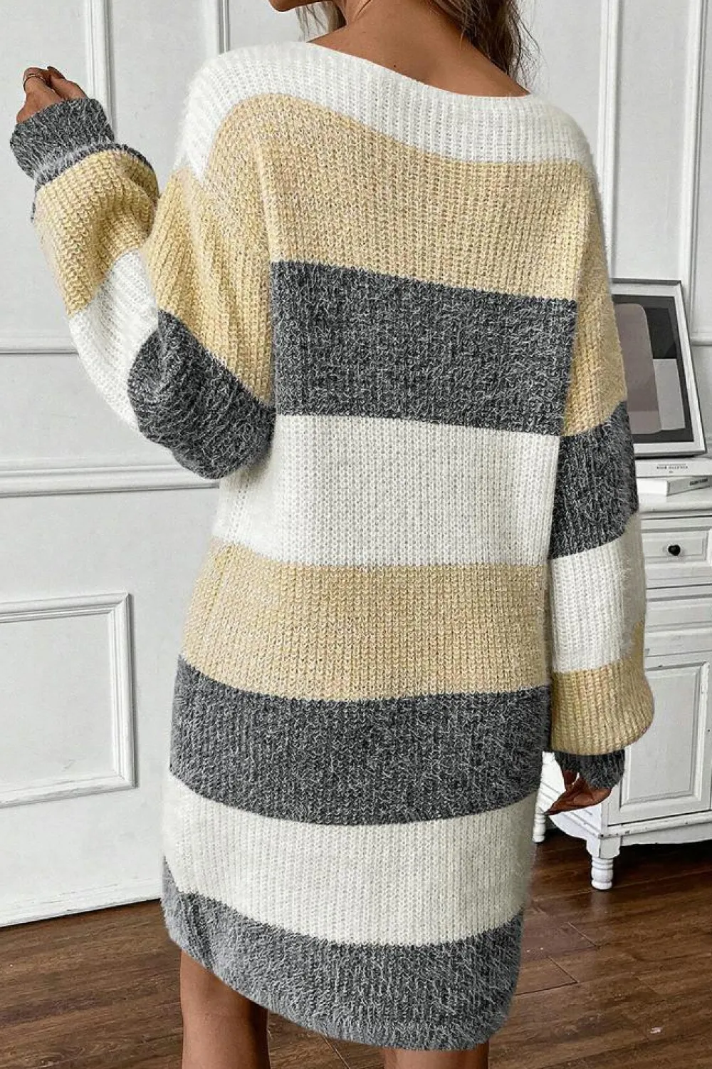 Fashion Dear-Lover Colorblock Bubble Sleeve Drop Shoulder Sweater Dress Gray Stripe