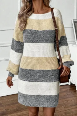 Fashion Dear-Lover Colorblock Bubble Sleeve Drop Shoulder Sweater Dress Gray Stripe