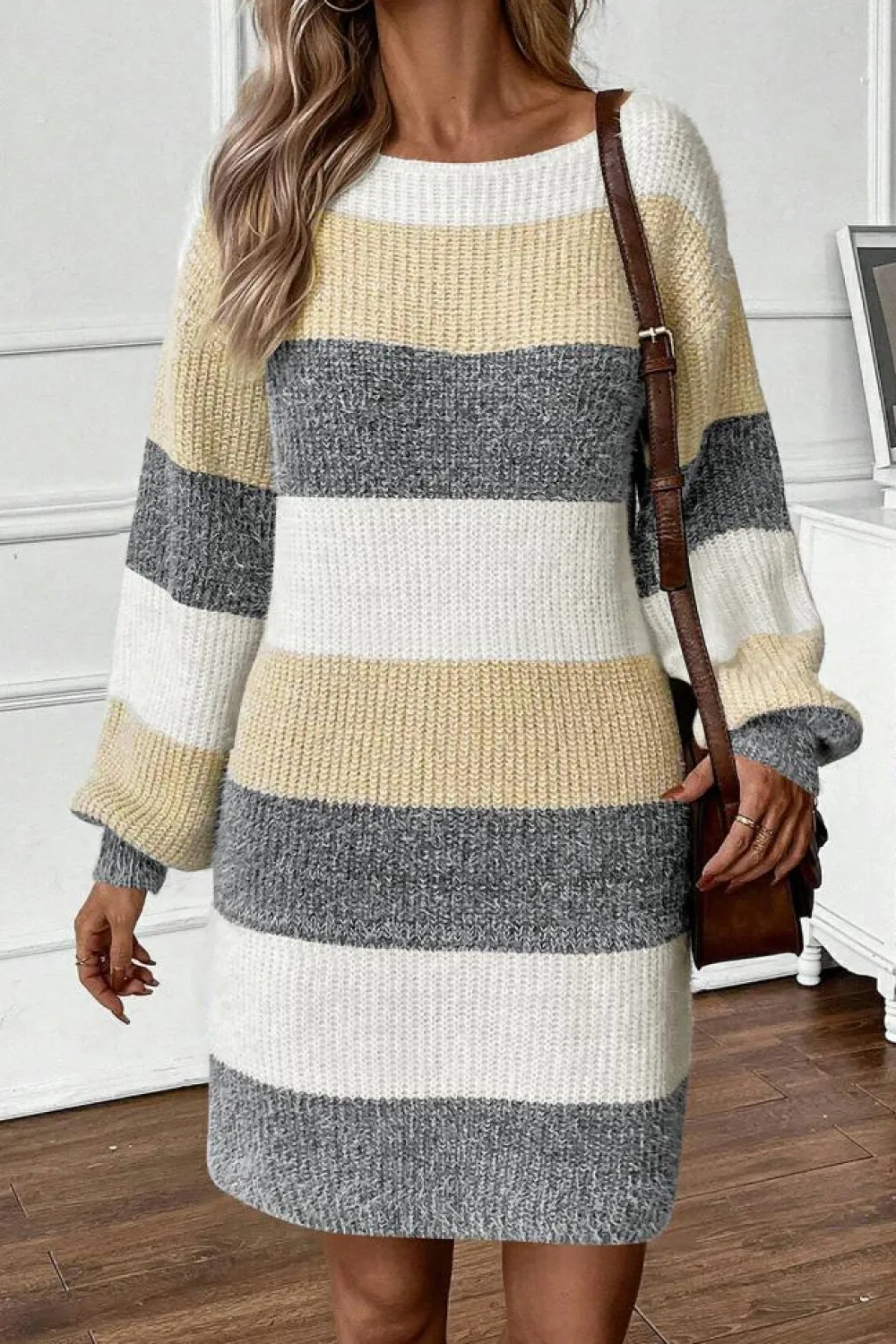 Fashion Dear-Lover Colorblock Bubble Sleeve Drop Shoulder Sweater Dress Gray Stripe