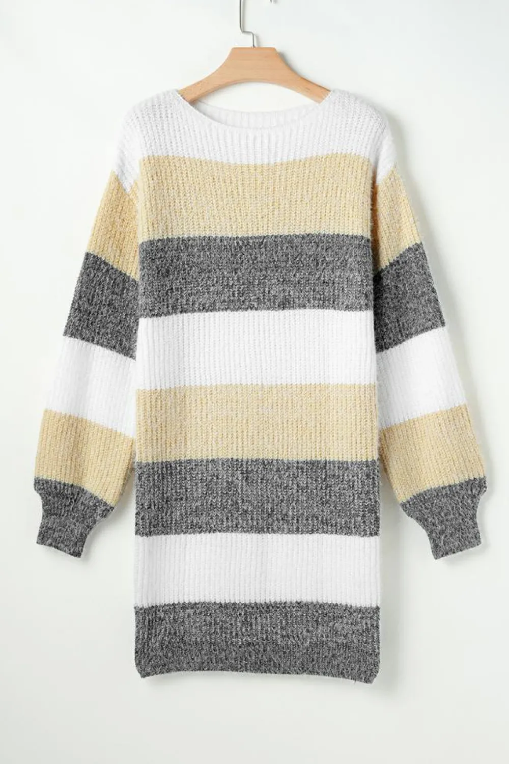 Fashion Dear-Lover Colorblock Bubble Sleeve Drop Shoulder Sweater Dress Gray Stripe