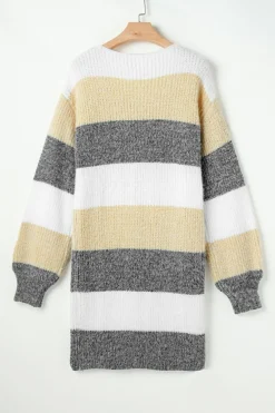 Fashion Dear-Lover Colorblock Bubble Sleeve Drop Shoulder Sweater Dress Gray Stripe