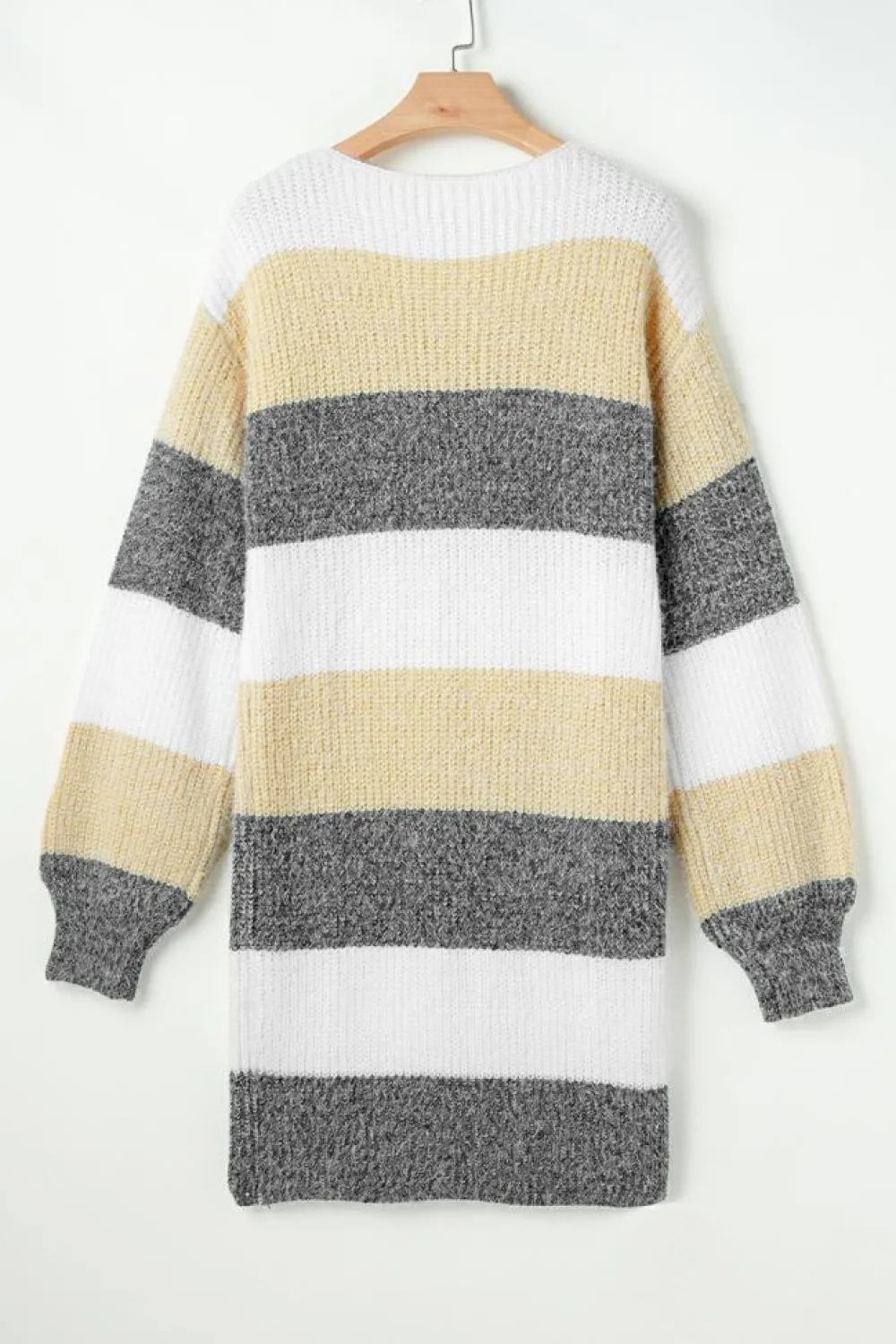 Fashion Dear-Lover Colorblock Bubble Sleeve Drop Shoulder Sweater Dress Gray Stripe