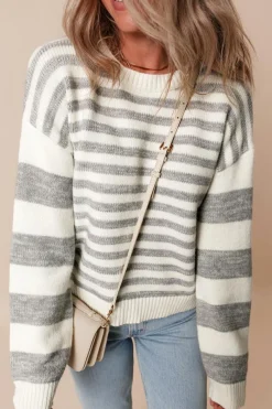 Sale Dear-Lover Drop Shoulder Crew Neck Sweater Gray Stripe