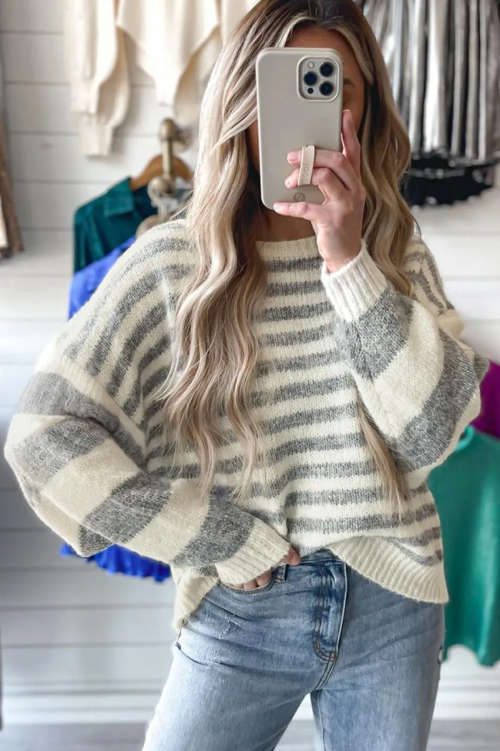 Sale Dear-Lover Drop Shoulder Crew Neck Sweater Gray Stripe
