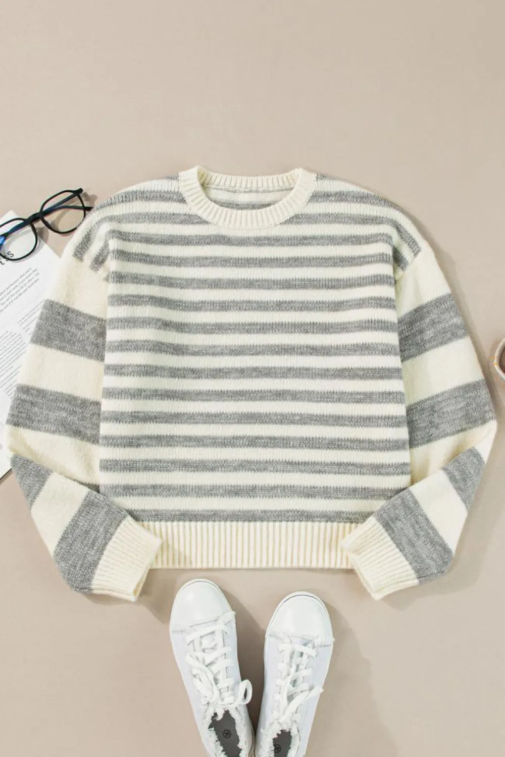 Sale Dear-Lover Drop Shoulder Crew Neck Sweater Gray Stripe