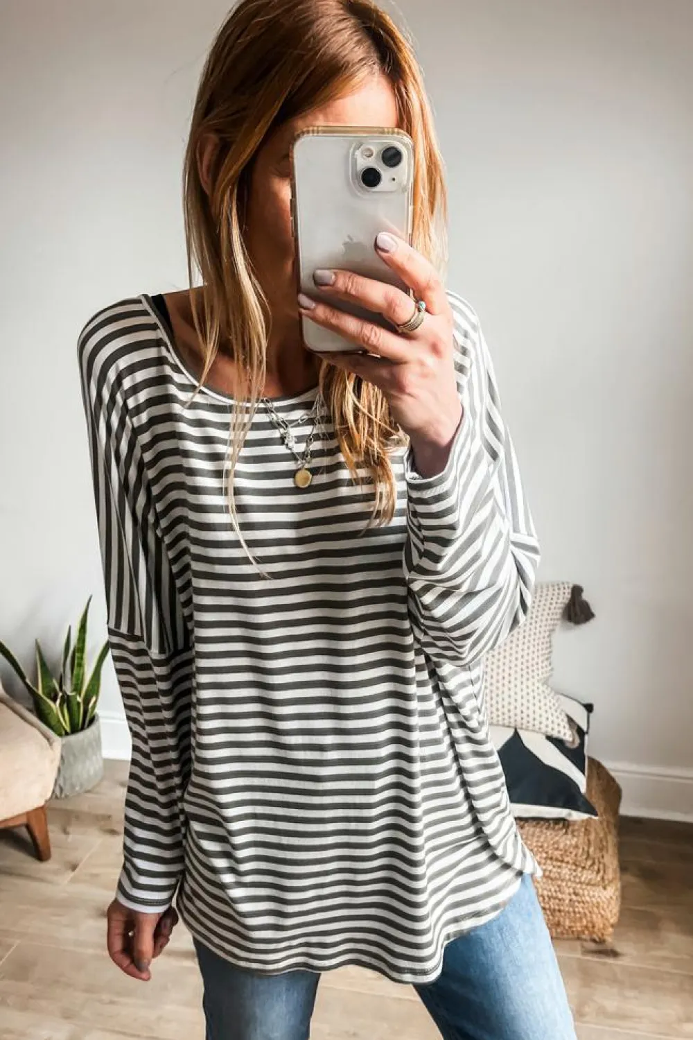 New Dear-Lover Drop Sleeve Round Neck Oversized Long Sleeve Top Gray Stripe