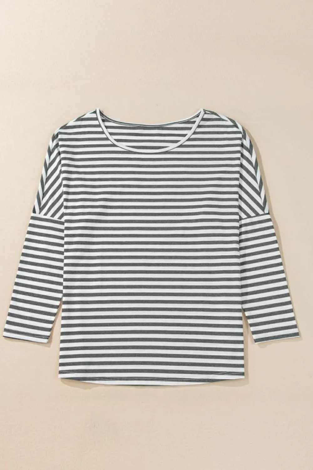 New Dear-Lover Drop Sleeve Round Neck Oversized Long Sleeve Top Gray Stripe