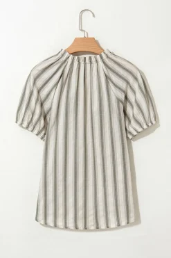 Best Dear-Lover Frilled Tie Neck Short Sleeve Blouse Gray Stripe