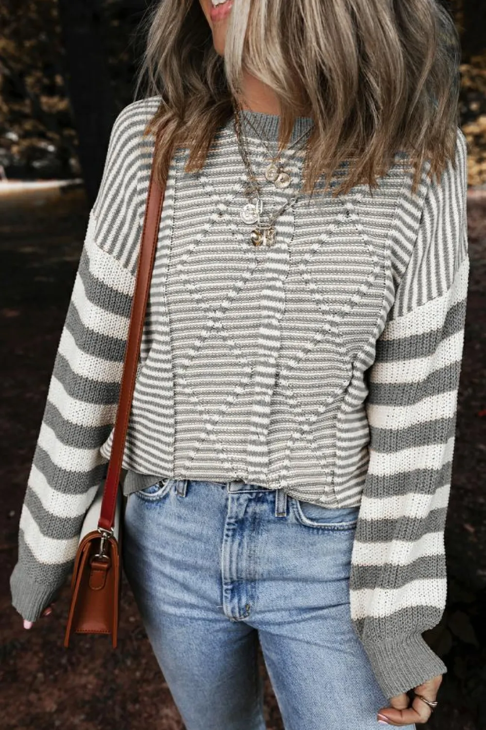 Hot Dear-Lover Geometric Textured Drop Shoulder Sweater Gray Stripe
