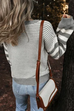 Hot Dear-Lover Geometric Textured Drop Shoulder Sweater Gray Stripe