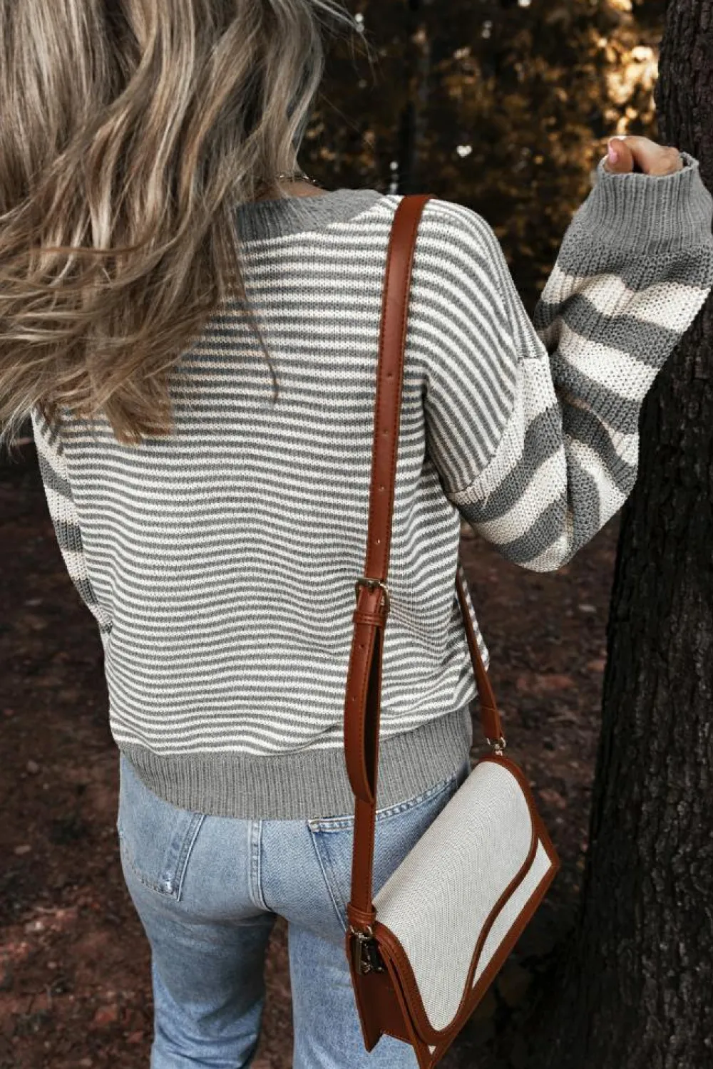 Hot Dear-Lover Geometric Textured Drop Shoulder Sweater Gray Stripe