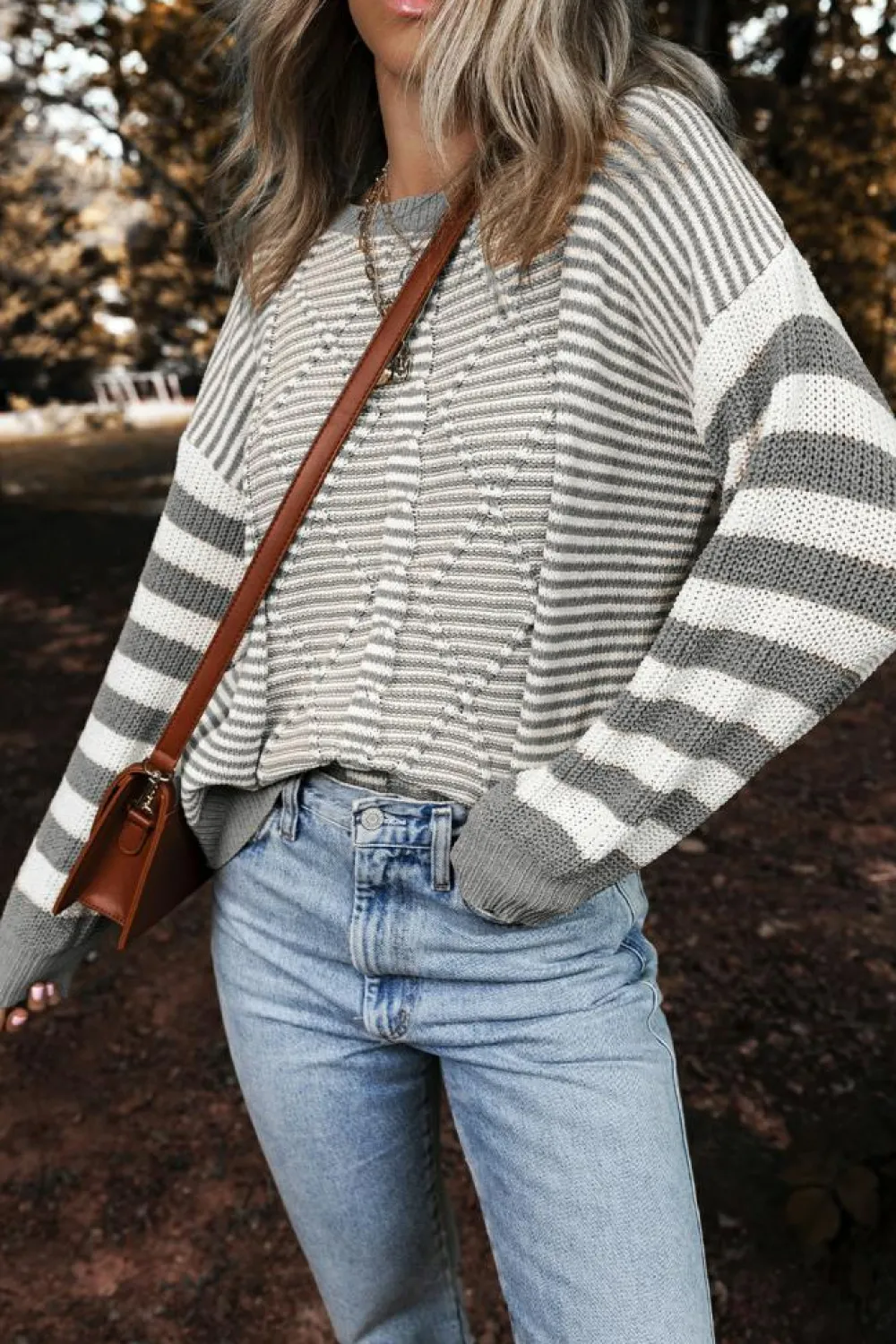 Hot Dear-Lover Geometric Textured Drop Shoulder Sweater Gray Stripe