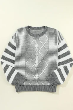 Hot Dear-Lover Geometric Textured Drop Shoulder Sweater Gray Stripe
