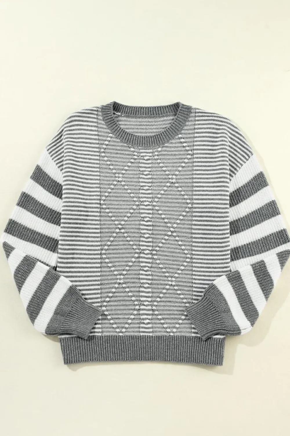 Hot Dear-Lover Geometric Textured Drop Shoulder Sweater Gray Stripe