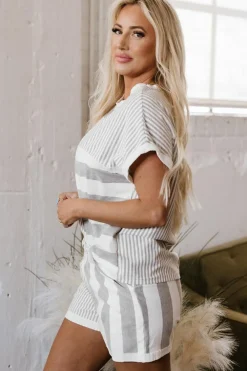 Hot Dear-Lover Mixed Print Short Sleeve Top and Pocketed Shorts Set Gray Stripe