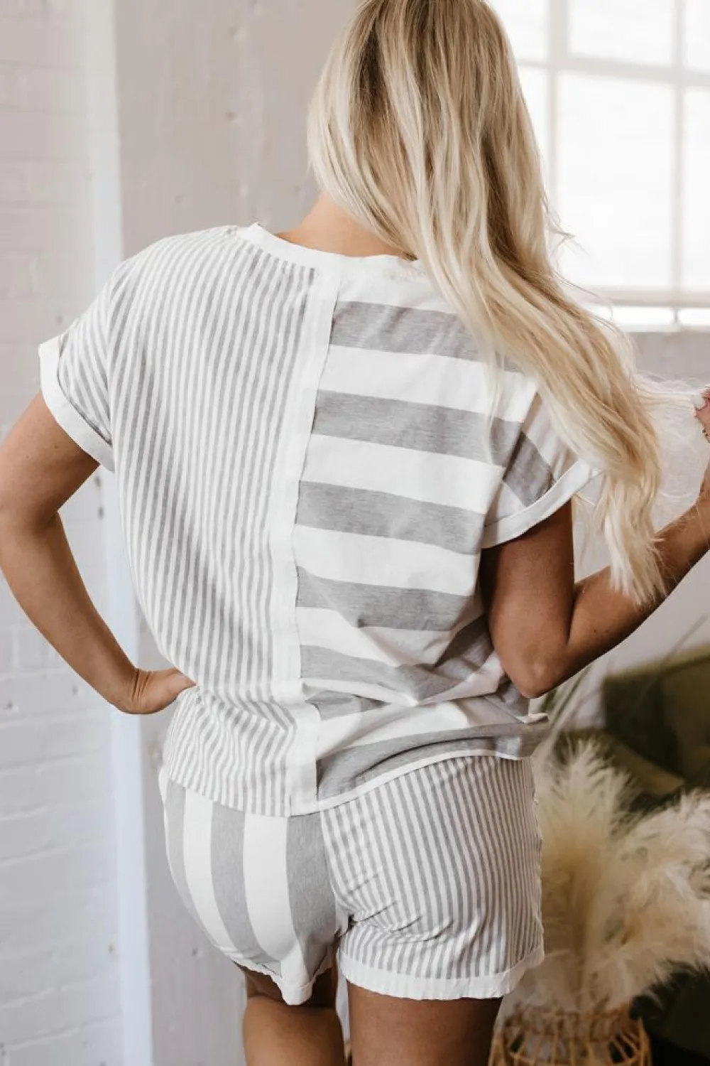 Hot Dear-Lover Mixed Print Short Sleeve Top and Pocketed Shorts Set Gray Stripe