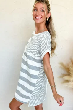 Fashion Dear-Lover Mixed Printed Short Sleeve Shift Mini T Shirt Dress Gray Stripe