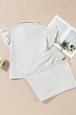New Dear-Lover Zipped up Collar Ruffled Sleeve Tee and Wide Leg Pants 2pcs Outfit Gray Stripe