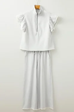 New Dear-Lover Zipped up Collar Ruffled Sleeve Tee and Wide Leg Pants 2pcs Outfit Gray Stripe