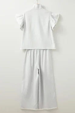 New Dear-Lover Zipped up Collar Ruffled Sleeve Tee and Wide Leg Pants 2pcs Outfit Gray Stripe