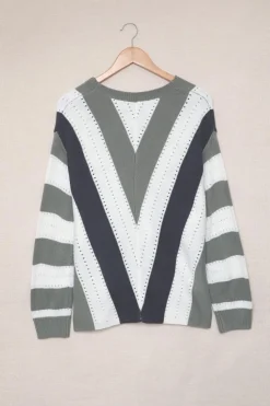 Online Dear-Lover Gray Striped Colorblock V Neck Knitted Sweater Gray-2